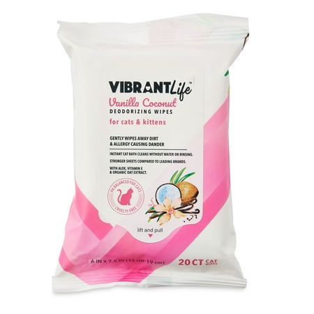 Vibrant Life Vanilla Coconut Deodorizing Wipes for Cats & Kittens, 20 Count