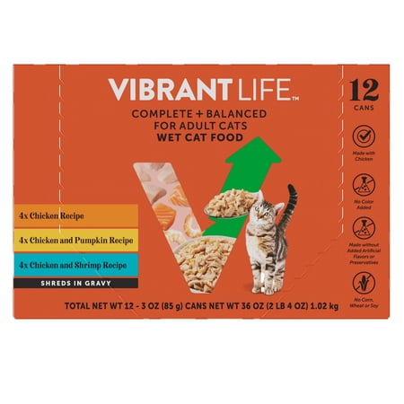 Vibrant Life Variety Pack Chicken & Shrimp & Pumpkin Shreds Wet Cat Food, 3 oz Cans, 12 Count