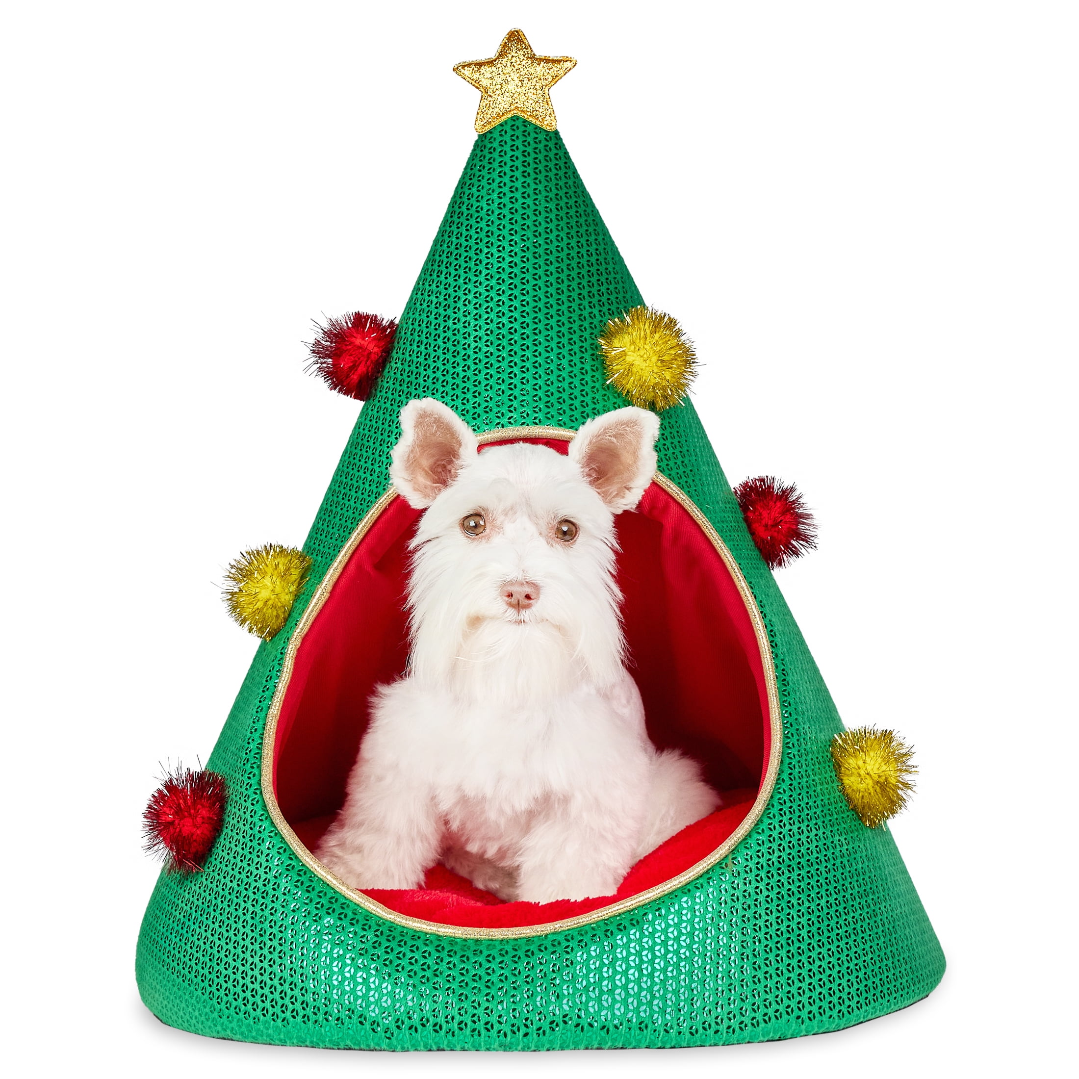 Vibrant Life Christmas Tree Small Holiday Pet Bed, Green and Red, 16" x 19"