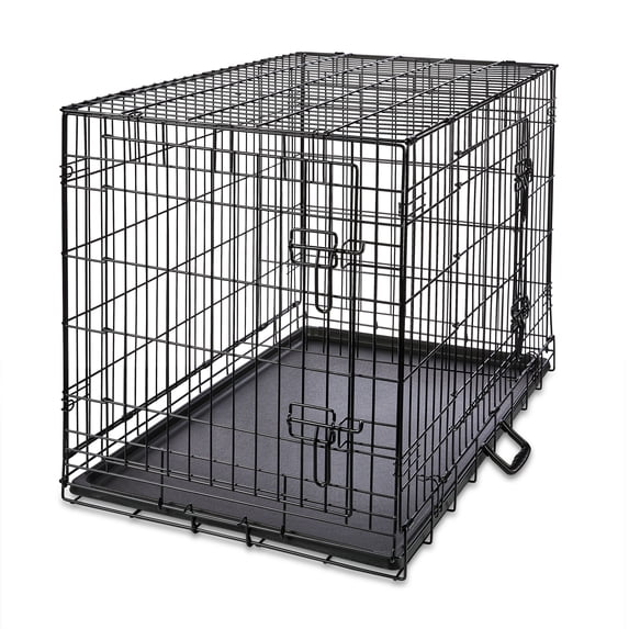 Vibrant Life Wire Dog Crate, Double-Door, Divider and Leak-Proof Tray, Metal, Foldable, Durable, Black, 36 in