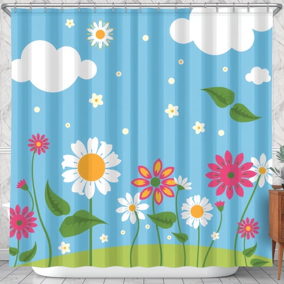 Vibrant Light-Blue Shower Curtain with Cheerful Flowers and Clouds - Whimsical Spring Design