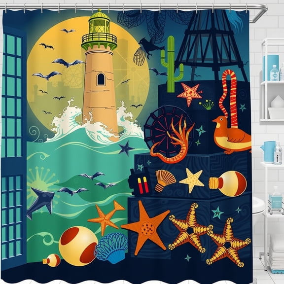 Vibrant Lighthouse Shower Curtain with Bats, Waves & Marine Life - Colorful Coastal Decor