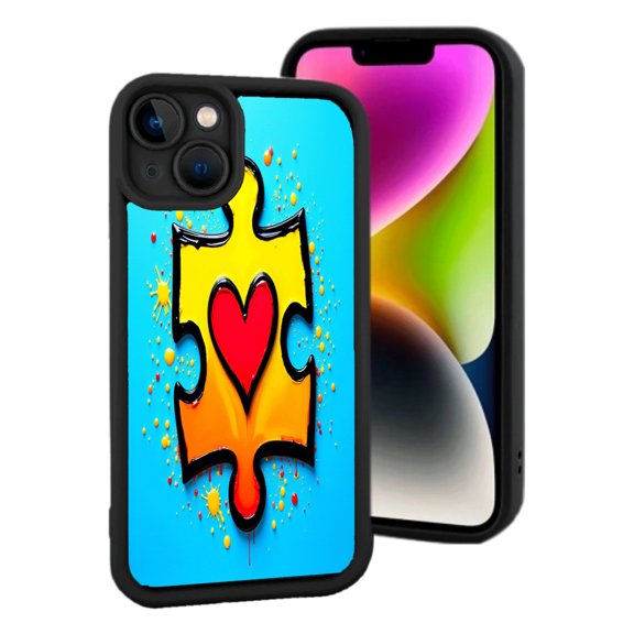 Vibrant Lightweight iPhone 15 Case - Colorful Puzzle Piece with Heart Design Black Border Energetic Yellow Splashes