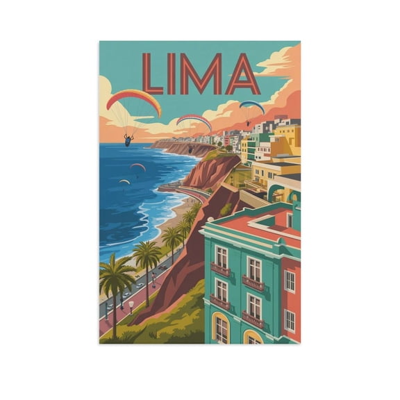 Vibrant Lima Peru Vintage Travel Poster with Seaside Architecture And Bold Colors Canvas Poster