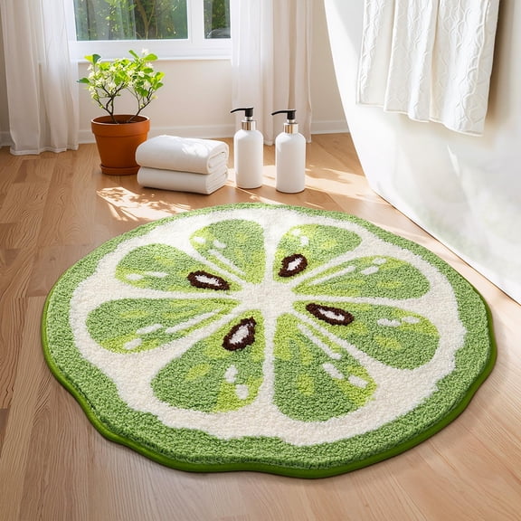 Vibrant Lime Slice Round Rug 2ft - Ultra Absorbent Microfiber Shaggy Bath Mat, Soft Non-Slip Floor Mat for Bathroom Kitchen Bedroom, Machine Washable Door Mat, 24x24 Inches