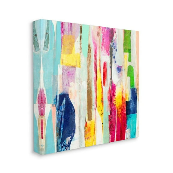 Vibrant Linear Abstract Shapes Blue Pink Yellow Abstract Gallery-Wrapped Canvas Print Wall Art, 17x17