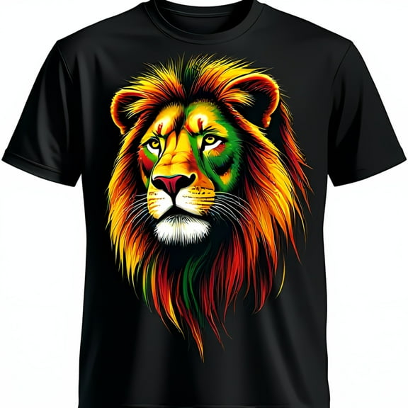 Vibrant Lion Face Graphic Black T-Shirt Colorful Animal Print Tee
