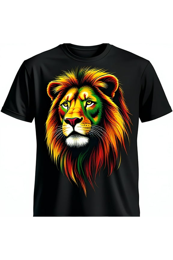 Vibrant Lion Face Graphic Black T-Shirt Colorful Animal Print Tee