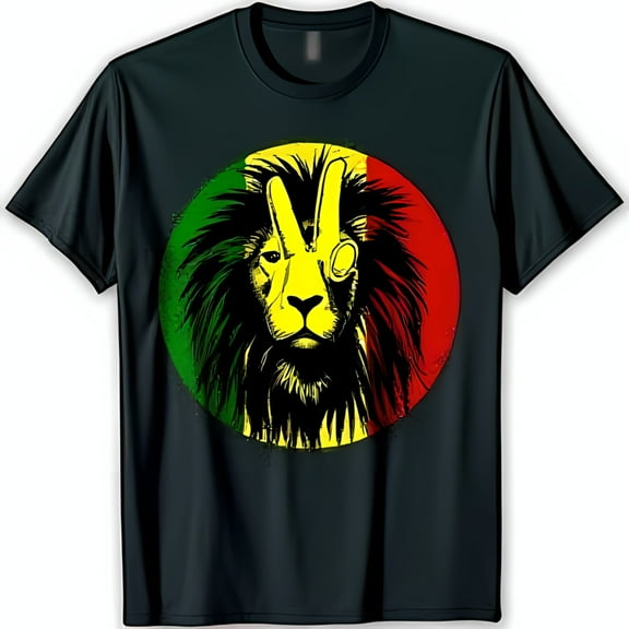 Vibrant Lion T-Shirt with Peace Sign & Eye Patch Rastafarian Colors