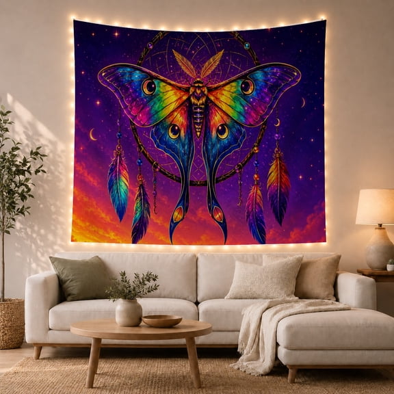 Vibrant Luna Moth Against a Starry Night Sky, Mystical Psychedelic for Nature Lovers, Cosmic Wall Decor, Housewarming Gift, Tapestry Wall Hanging for Bedroom and Living Room