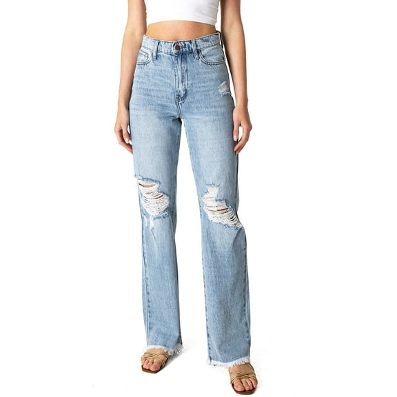 Vibrant MIU Juniors High Rise Stonewash 90s Straight-Leg Jeans (Light Denim, 5)