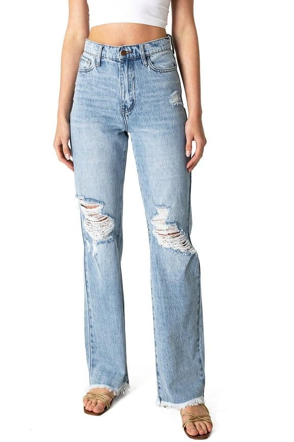 Juniors High Rise Stonewash 90s Straight-Leg Jeans (Light Denim, 9)