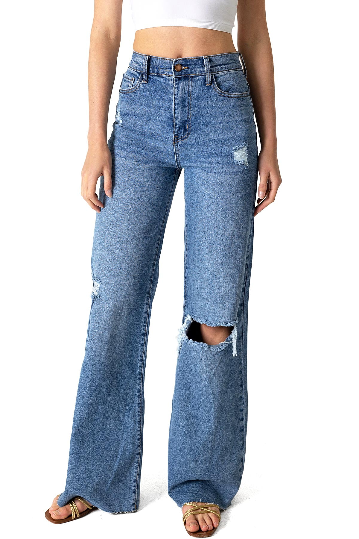 Vibrant MIU Juniors High Rise Wide-Leg Dad Jeans (Medium Denim, 11) -  Walmart.com