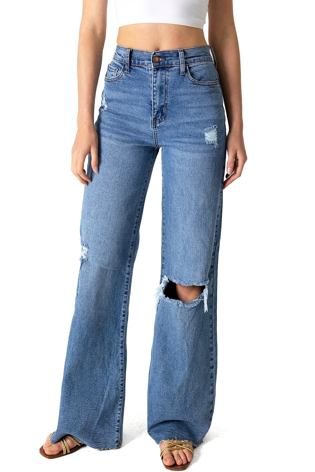 Vibrant MIU Juniors High Rise Wide-Leg Dad Jeans (Medium Denim, 3) 