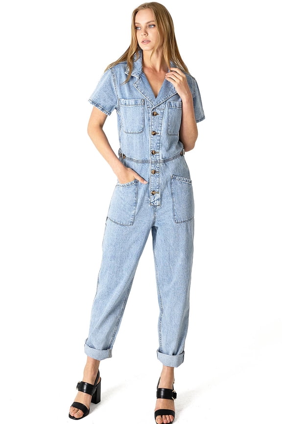 Womens Juniors Aviator Denim Romper Jumpsuit (Medium, Light Denim)