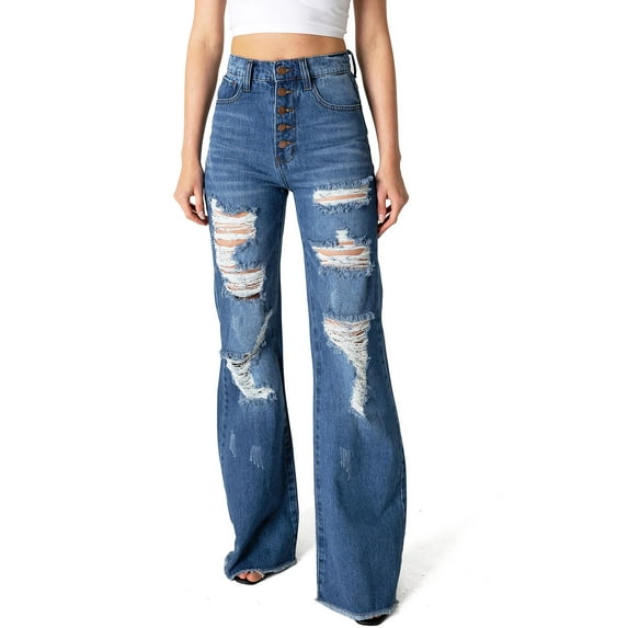 Vibrant MIU Womens Juniors High Rise Ripped Wide Leg Flare Jeans (Medium Denim, 1)