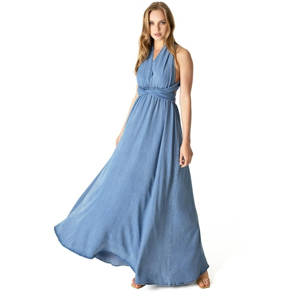 Vibrant MIU Womens Multi-Way Convertible Chambray Denim Maxi Dress (Medium Denim, M)