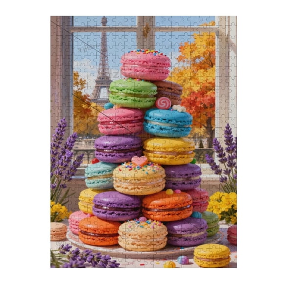 Vibrant Macaron Tower with Paris Eiffel Tower View Wooden Jigsaw Puzzle 1000 Piece Puzzle for Adults Challenging Relaxing Leisure Decorative Brain Activity