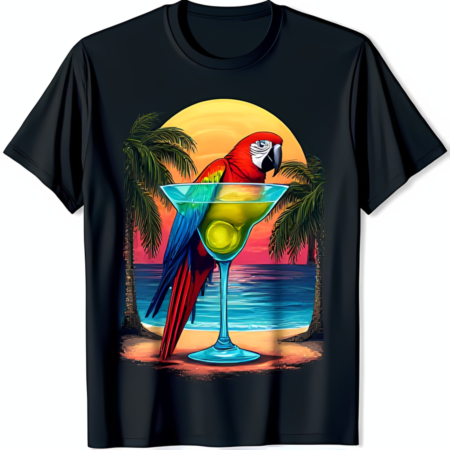 Vibrant Macaw Parrot Glass Graphic Black T-Shirt for Tropical Vibes