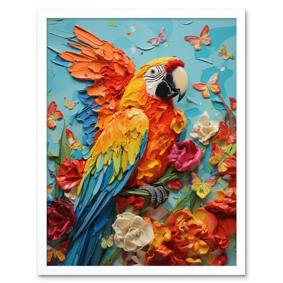 Vibrant Macaw Parrot Heavy Oil Paint with Butterflies and Flowers High Texture Artwork Art Print Framed Poster Wall Decor 12x16 inch