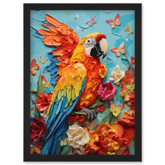 Vibrant Macaw Parrot Heavy Oil Paint with Butterflies and Flowers High Texture Artwork Framed Wall Art Print A4