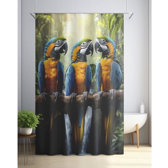 Vibrant Macaw Trio and Waterfall Shower Curtain - Lush forest scene, blue and yellow macaws, rustic tree branch design, machine washable polyester, includes 12 hooks