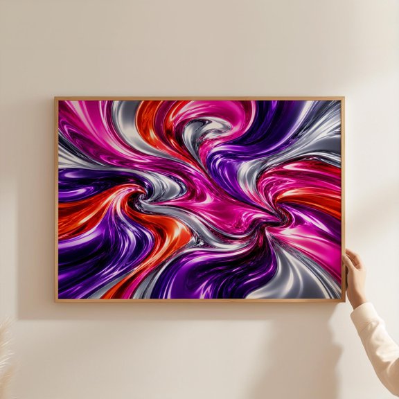 Vibrant Magenta Liquid Metal Poster Fluid Chrome Wall Art Colorful Purple Orange Swirl Poster , Poster Print Only