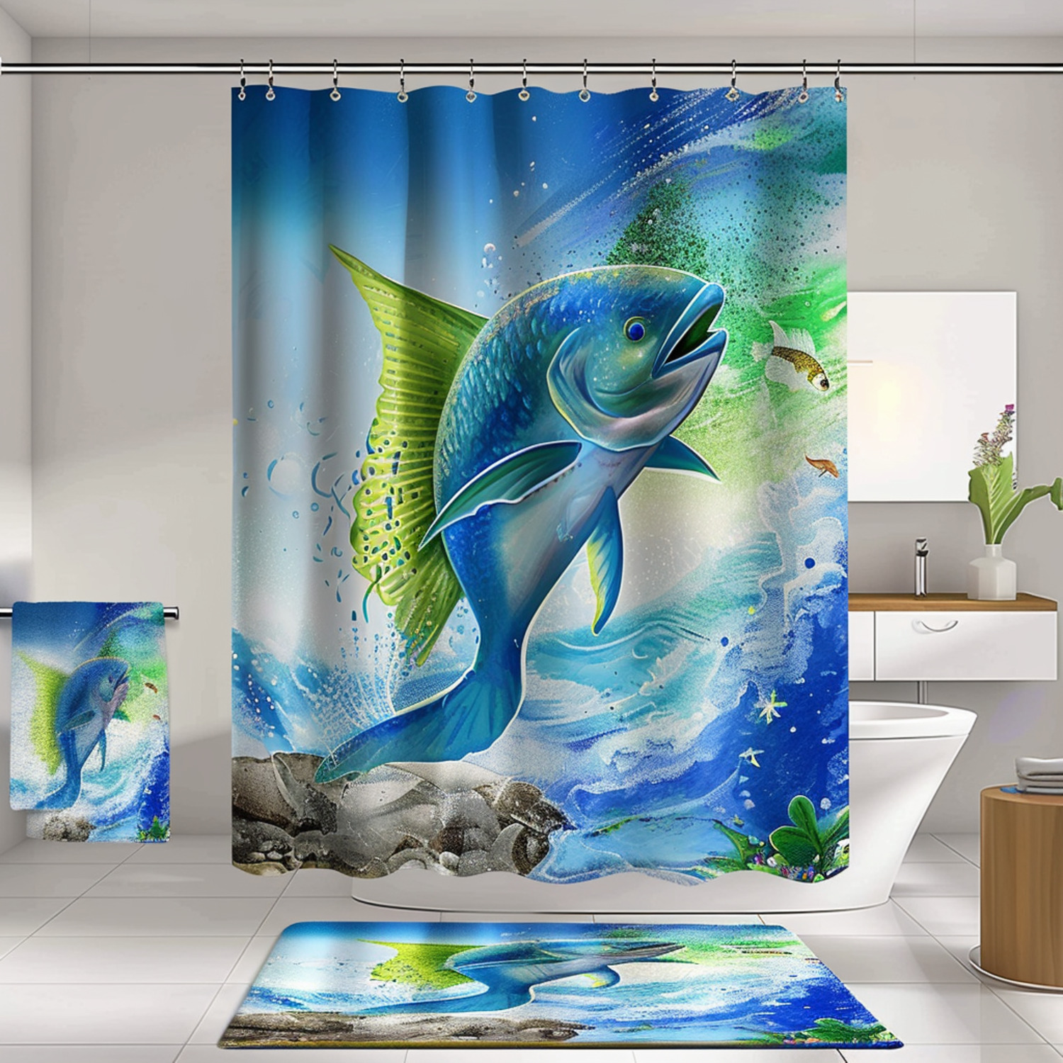Vibrant Mahimari Fish Bathroom Set Stunning Blue & Green Design High