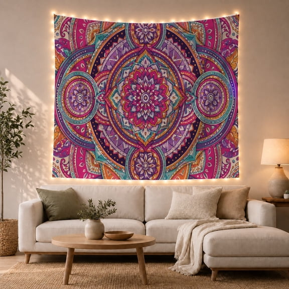Vibrant Mandala with Concentric Rings Against Dark Background Energetic Psychedelic for Boho Decor Lovers Bohemian Wall Art Birthday Gift Tapestry Wall Hanging for Bedroom and Living Room