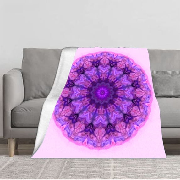 Vibrant Mandala Flannel Blanket - Soft Cozy and Warm for Sofa Travel Bed Chair - Intricate Purple Pink and Blue Design