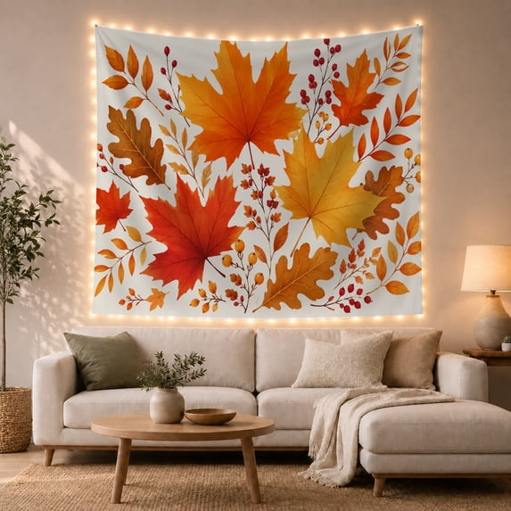 Vibrant Maple and Berry Arrangement on Off-White Background, Cozy Rustic for Fall Enthusiasts, Autumnal Botanical Wall Art, Thanksgiving Gift, Tapestry Wall Hanging for Living Room and Bedroom