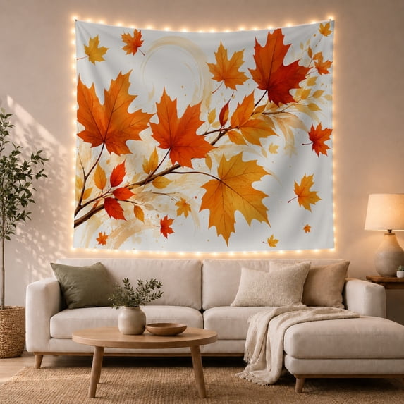 Vibrant Maple Leaves Against Soft Cream Brushstrokes Nostalgic Watercolor for Nature Enthusiasts Bohemian Art Decor Autumn Gift Tapestry Wall Hanging for Living Room and Dorm