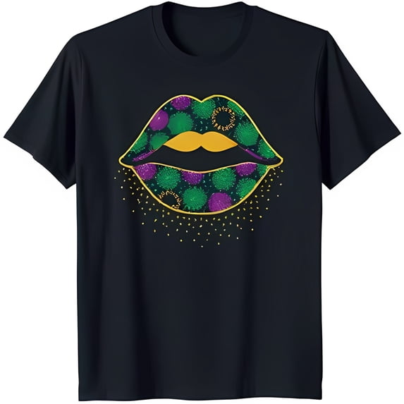 Vibrant Mardi Gras Lips Black T-Shirt with Colorful Bead Design Festive Celebration Wear