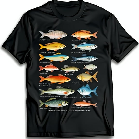 Vibrant Marine Life Graphic on Black T-Shirt Colorful Fish Species Design