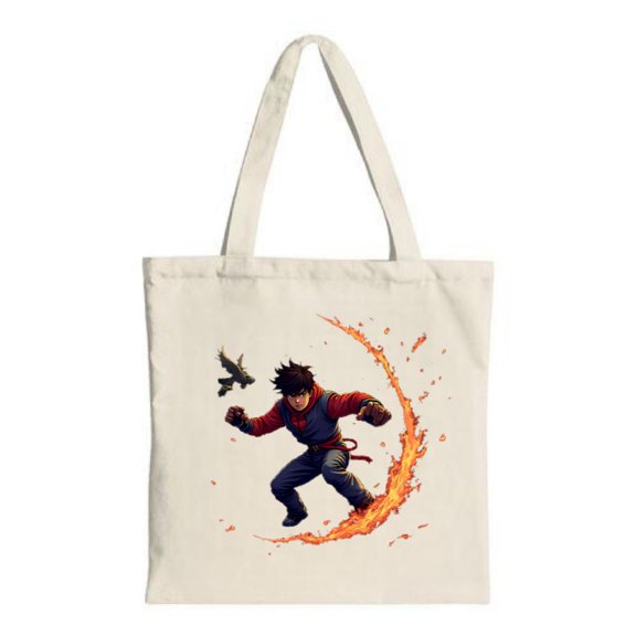 Vibrant Martial Arts Tote Bag - Young Fighter with Red Belt & Blue Surrounded by Fiery Adventurous Bird Perfect for Travel & Shopping