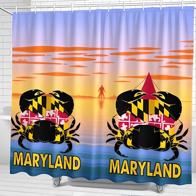 Vibrant Maryland Sunset Shower Curtain with Blue and State Flag Design Perfect for State Pride