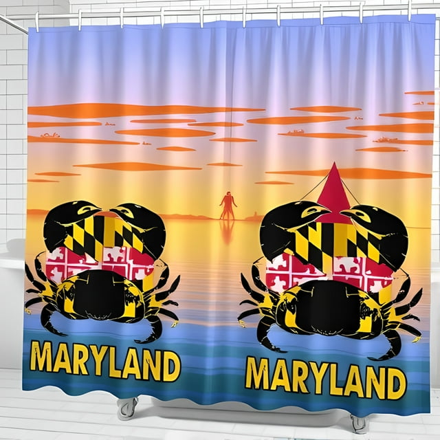 Vibrant Maryland Sunset Shower Curtain with Blue and State Flag Design Perfect for State Pride