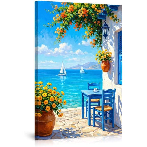 Vibrant Mediterranean Coastal Canvas Wall Art Blue Yellow Floral Painting Seascape Pictures for Living Room Bedroom Home Decor Sailboat Ocean Scene Artwork
