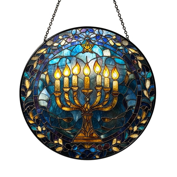 Vibrant Menorah Stained Glass Window Hanging, Hanukkah and Star of David Design, Spiritual Home Decor Gift Idea 2025