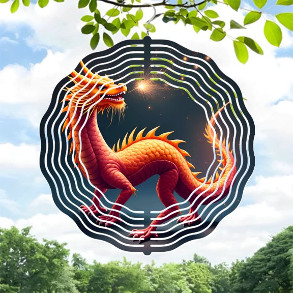 Vibrant Metal Dragon Wind Spinner & Chime - Fiery Orange & Red Scales Intricate Design Perfect for Yard & Garden Decor
