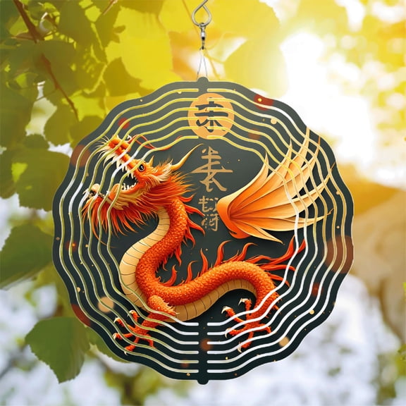 Vibrant Metal Dragon Wind Spinner & Chime - Intricate Design with Fiery Colors Chinese Characters for Prosperity & Longevity - Perfect for Yard & Garden