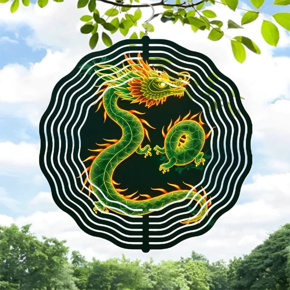 Vibrant Metal Dragon Wind Spinner - Intricate Green Design with Fiery Orange Flames Perfect for Yard & Garden Decor