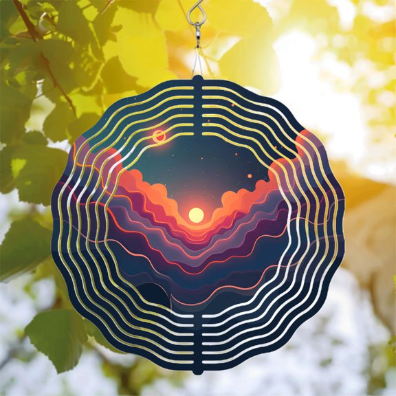 Vibrant Metal Hanging Wind Spinner - Abstract Concentric Waves with Sunset & Starry Sky Design for Yard & Garden Decor