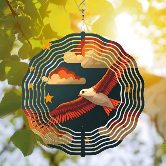 Vibrant Metal Hanging Wind Spinner - Celestial Bird in Design with Concentric Circles Perfect for Yard & Garden Decor