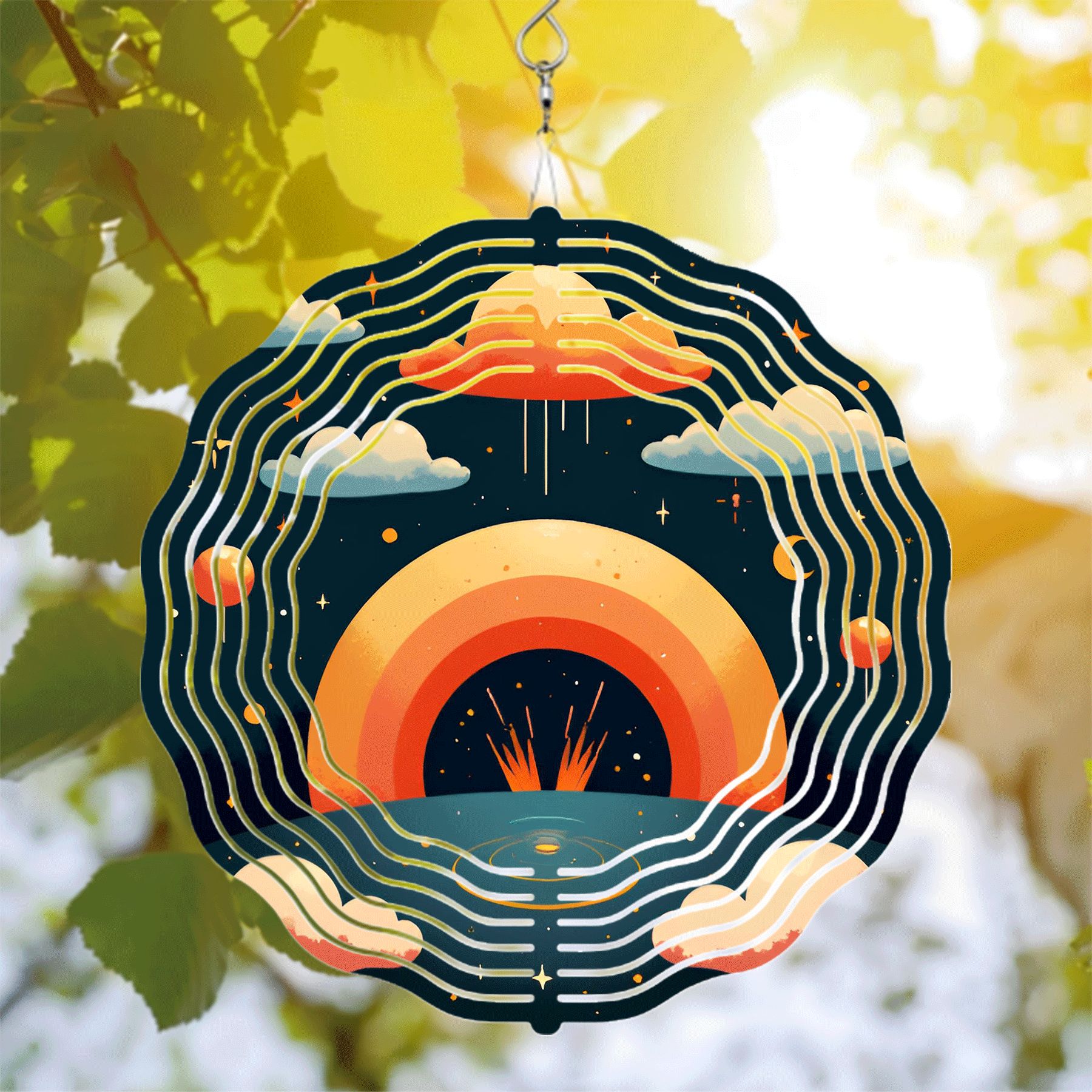 Invincible Wind Rings Vibrant Metal Hanging Wind Spinner - Celestial Sun Design with ...