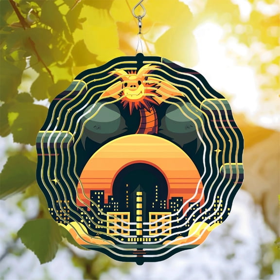 Vibrant Metal Hanging Wind Spinner - Circular Sunset Scene with Dragon & Cityscape Design for Yard & Garden Decor