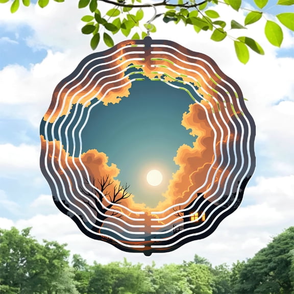 Vibrant Metal Hanging Wind Spinner - Concentric Circular Design with Sunset & Silhouetted Trees - Perfect for Yard & Garden Decor