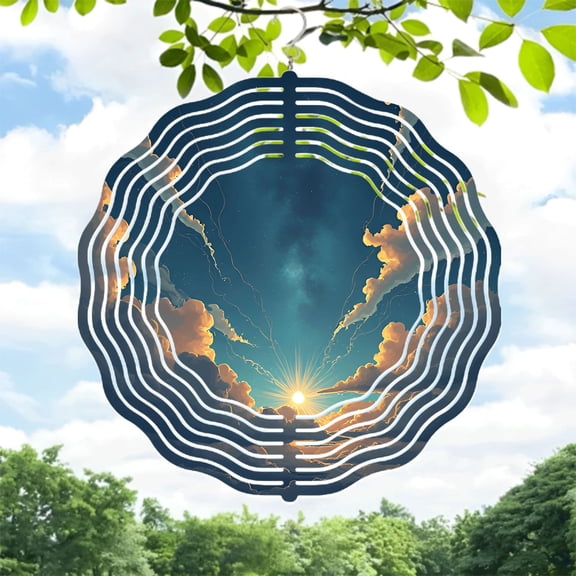 Vibrant Metal Hanging Wind Spinner - Concentric Design with Illuminated Sky & Stars - Perfect for Yard & Garden Decor