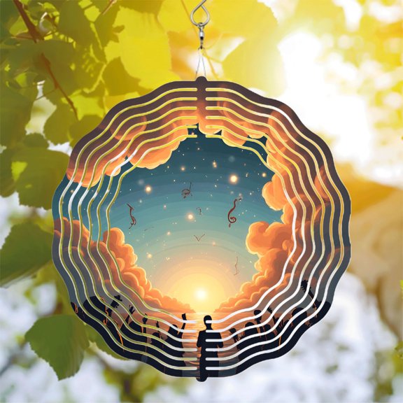 Vibrant Metal Hanging Wind Spinner - Concentric Waves Design with Sunset Silhouette Perfect for Garden & Yard Decor