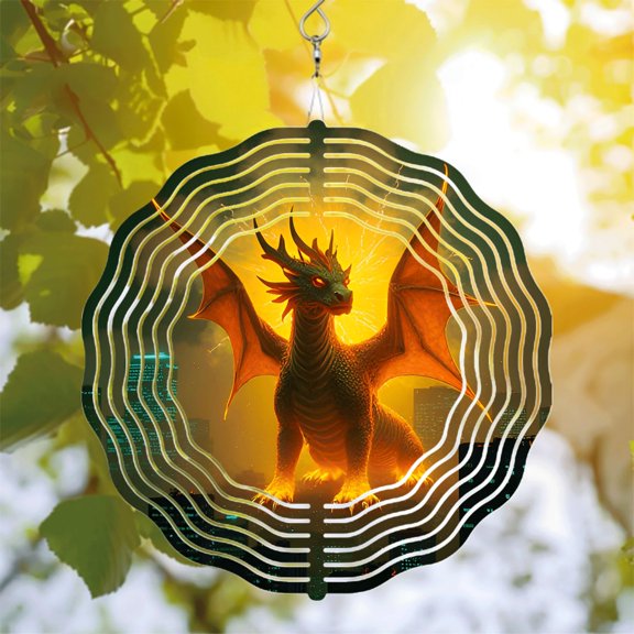 Vibrant Metal Hanging Wind Spinner - Dragon Design with Fiery Scales & Sunset Skyline Perfect for Yard & Garden Decor